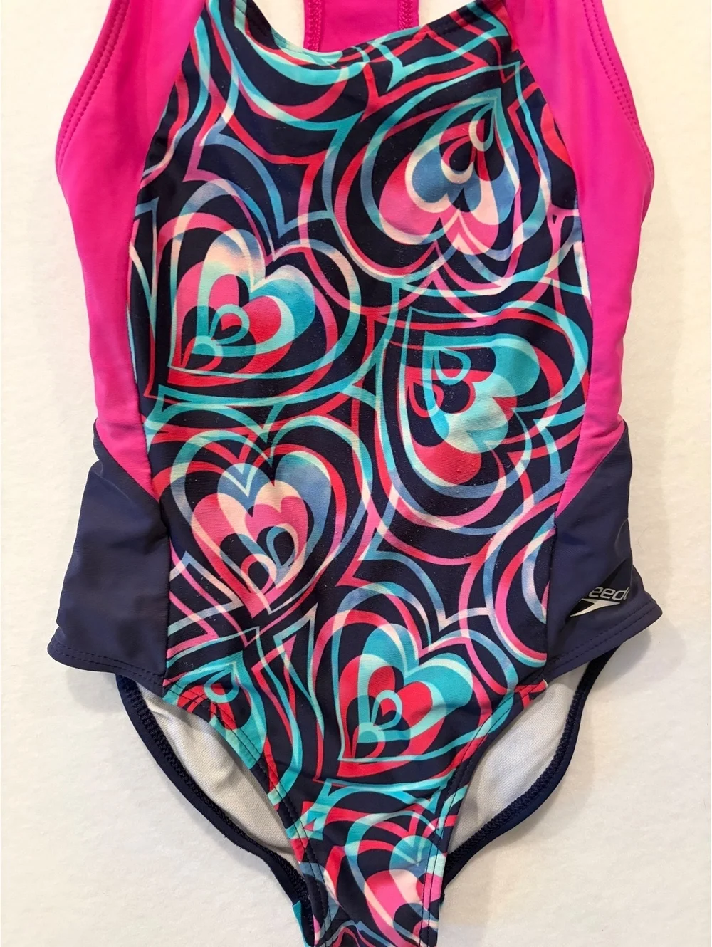 Speedo Girls Size 8 One Piece Swimsuit Pink Navy Aqua Heart Racerback